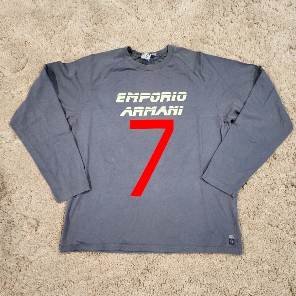 Emporio Armani 7 Gray Super Soft Long Sleeve Logo Print Crewneck T Shirt . EA7